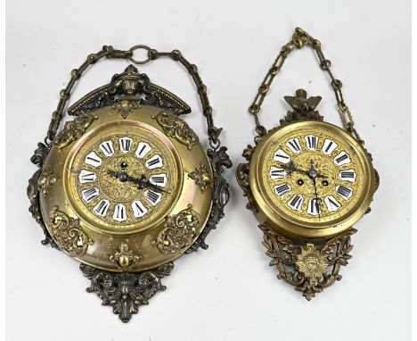 Two antique French baker's clocks made of brass, with enamel cartouches. Historicism. Circa 1890. One with free pendulum + ha