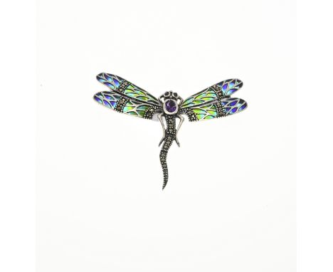 Silver brooch/pendant, 925/000, with dragonfly and enamel. Brooch/pendant in the shape of a dragonfly decorated with marquesi