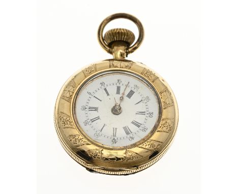 Small yellow gold pocket watch, 585/000, with an engraved case. The hinge of the back lid has broken off. The watch has a whi