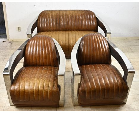 Three-piece sofa with chrome and brown leather. Bugatti style. Signs of use/lived. Second half of the 20th century. Dimension