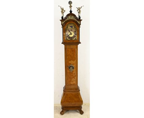 Westminster burl walnut Warmink longcase clock. Amsterdam model. Quarter strike + moon phase. Dimensions: 206 cm. In good con