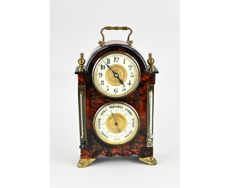 Antique French boulle mantel clock with extra barometer + thermometer. Circa 1890. Eight-day movement/enchappement. Dimension