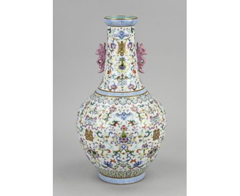 Chinese porcelain family rose ear vase with floral/fruit/character characters/gold decor. Bottom mark. Dimensions: H 31.7 cm.