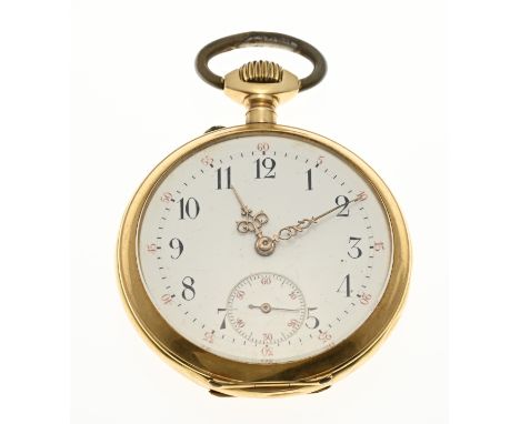 Yellow gold pocket watch, 585/000, with a white enamel dial with a decentralized dial. The dial has black hour markers and ro