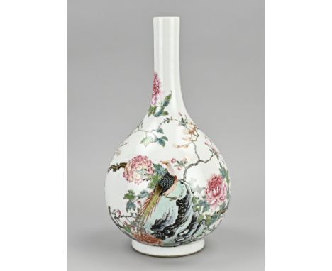 Chinese porcelain pipe vase with enamel family rose garden/bird of paradise decor. Six character bottom mark. Dimensions: H 3