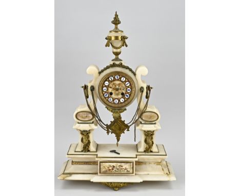 Large antique French alabaster mantel clock with putti. Circa 1860. Some frames are missing + base glued. Eight-day movement,