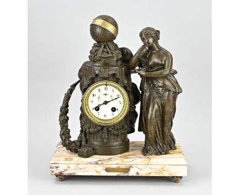 Antique French mantel clock with globe, compass. Composition metal + marble. Dimensions: 40 x 32 x 15 cm. In good condition.