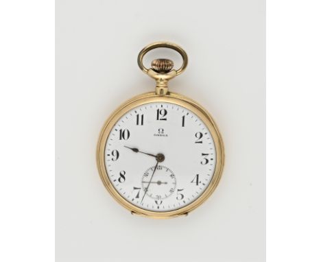 Gold Omega pocket watch, 585/000. With a white enamel dial with decentralized seconds hand. The watch has a metal dust cover.