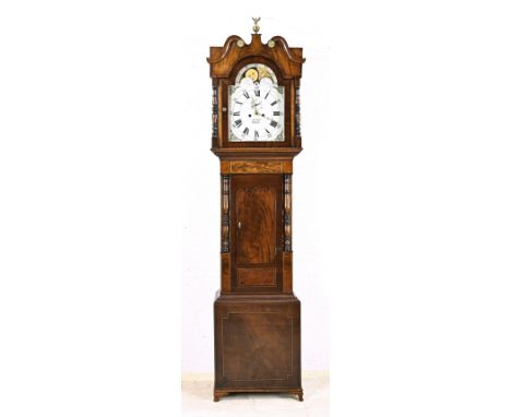 Beautiful 19th century English mahogany longcase clock with band intarsia. Eight-day movement with half-hour striking, second