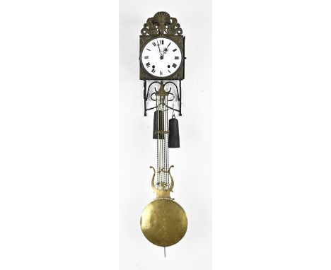 Antique empire comtoise wall clock with verge escapement and harp pendulum. Circa 1820. Dimensions: 40 x 25 x 17 cm. In good 