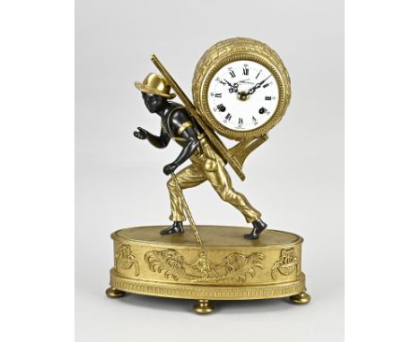 Italian empire style brass mantel clock designed by Jean AndrÃ© Reiche. However, second half of the 20th century. Eight-day m