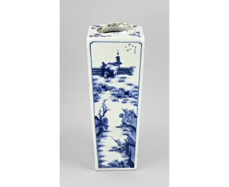 Rare antique square Chinese porcelain vase with landscape/text decor. Top edge damage + hole in bottom. Dimensions: H 42 cm. 