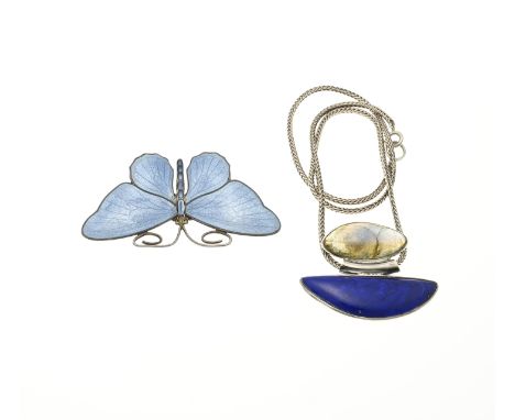 Silver choker and brooch enamel lapis. A brooch, 930/000, in the shape of a butterfly decorated with blue enamel, 61x33mm. An