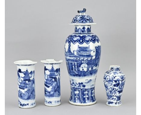 Four antique Chinese porcelain vases. Damaged. 19th century. 1x Lid vase + bottom mark. 2x Small vase, pagoda decor + bottom 