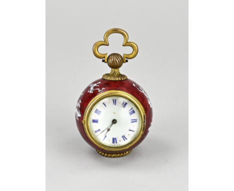 Special ball watch with decorated red enamel with figures. The watch has a brass movement and a white dial with rose details 