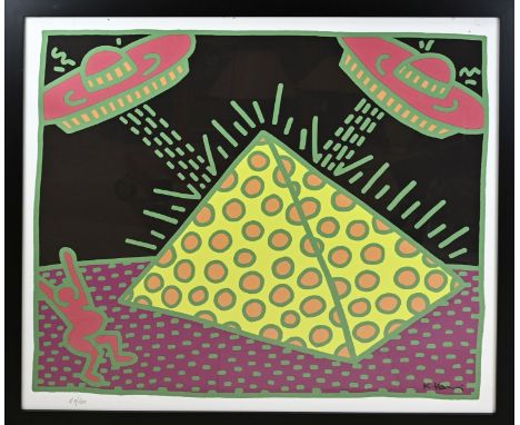 Keith Herring. Emphasis. Pyramid and UFOs. No. 21/200. Lithograph on paper. Dimensions: H 88 x W 99 cm. In good condition.