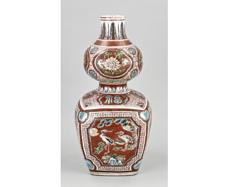 Chinese porcelain knob vase with floral/crane/character characters decor. Iron oxide red glaze. Dimensions: H 44 cm. In good 