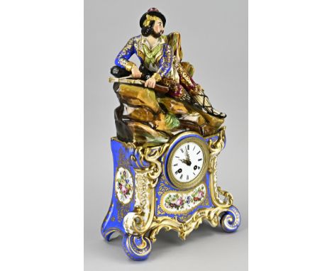 Antique French Charles Dix mantel clock made of porcelain, with archer, dagger and musket. In the style of Jacob Petit. Circa