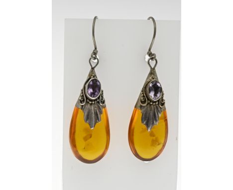 Vintage silver earrings, 800/000, with amber and amethyst. Ear hooks with a pear-shaped pendant with a silver sleeve decorate