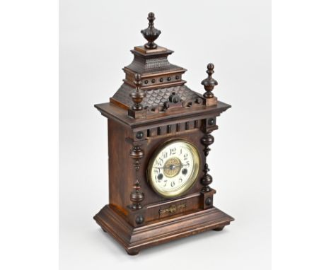 Antique German Pfeilkreuz table clock made of walnut wood. GrÃ¼nderzeit. Weekly timer, half hourly strike. One list is missin