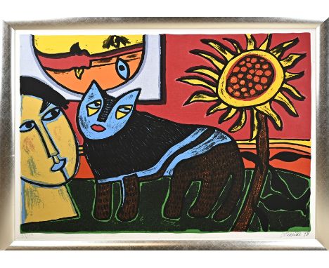 Texoprint. Corneille '98. No. 3/250. Woman with cat and sunflower. Lithograph on linen. Dimensions: H 90 x W 126 cm. In good 