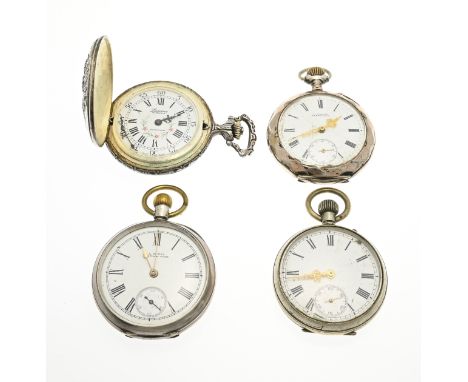 Lot with 4 pocket watches, 2 silver. One model with a decorated case with figures (spring fixed), three models with a white e