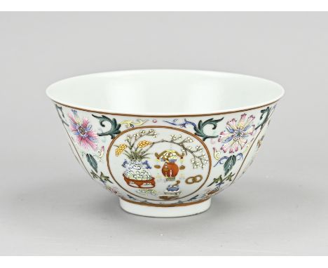 Chinese porcelain family rose bowl with enamel decor. Floral/valuables/gold decor. Four character bottom mark. Dimensions: H 