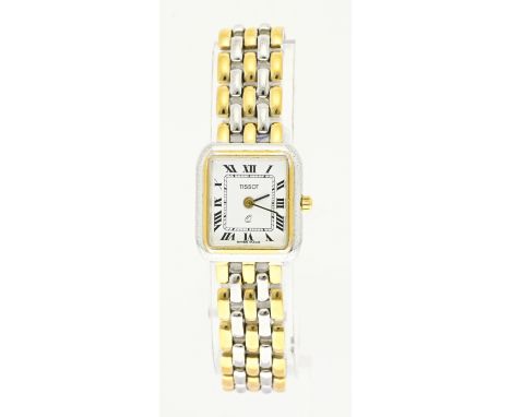 Tissot watch, women's model, bicolour, with a rectangular contoured case with a white dial with Roman numerals. Quartz. Case 