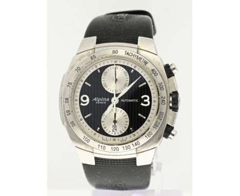 Watch Alpina Avalanche, automatic, chronograph. Steel model with a black dial with silver-colored details. Ã¸ case 45 mm. The