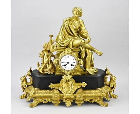 Antique French mantel clock with black marble + composition metal figure. Circa 1860. Eight-day movement, half-hour striking,