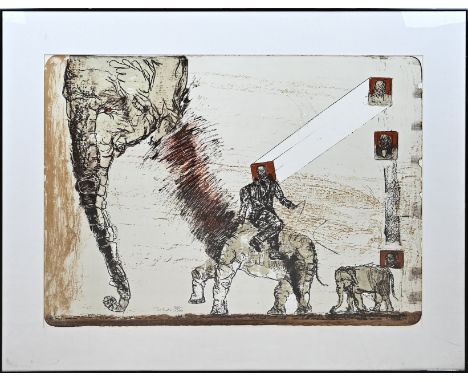 Francisco Toledo. No. 74/100. 1940 Mexico - 2019. Figures and elephants. Lithograph on paper. Dimensions: H 60 x W 80 cm. In 