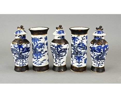 Antique five-piece Chinese porcelain Cantonese cabinet set with dragon decor. One vase edge glued, rest good. Dimensions: H 1