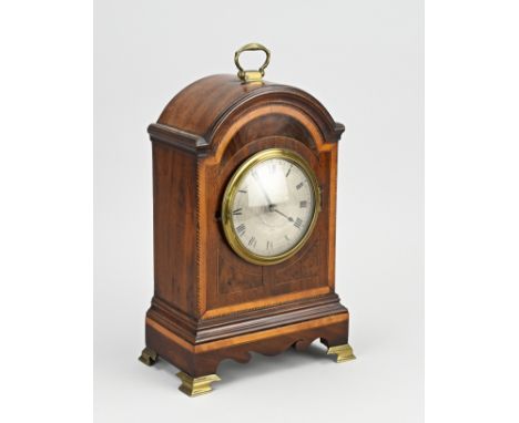 Antique French mahogany table clock with various types of wood. Equipped with original pocket watch movement. In working cond