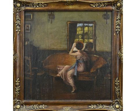 Unsigned? German School. Circa 1900. Lady on sofa. Oil on linen. Dimensions: H 60 x W 60 cm. In good condition.