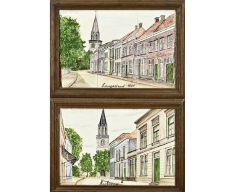 Two antique polychrome 6-pass tile tableaus depicting Langestraat + Marktstraat in Enschede. First half 20th century. Dimensi