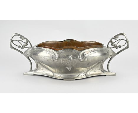 Antique German WMF Art Nouveau silver tin jardiniere. With floral whiplash decor. Dimensions: 17 x 44 x 18 cm. In good condit