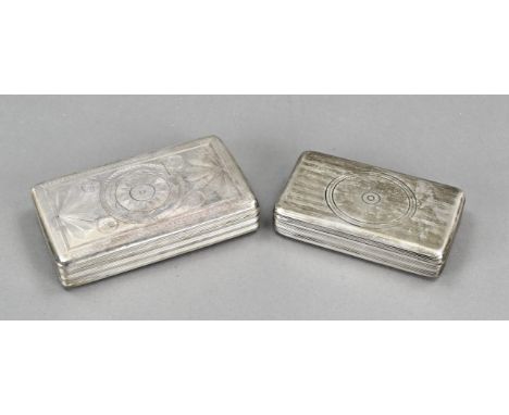 Two silver boxes, 833/000, rectangular model with line decor and a circle decor on the lid with monogram in the lid, AR, MT.: