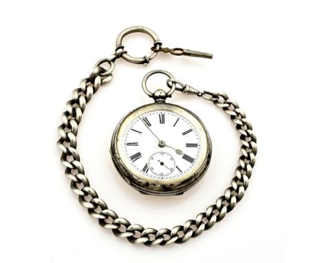 Silver pocket watch, 935/000, with silver chain, 800/000, with a flat gourmet link. The watch has a white enamel dial and a d