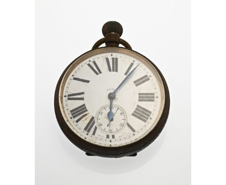 Large pocket watch, white metal with white enamel dial with Roman numerals and a decentralized second hand. Spring broken and