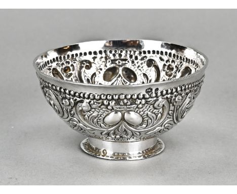 Silver cream bowl, 833/000, round model with chased decoration with birds and floral decor. MT.: unclear, last:D:1888. Ã¸10.5