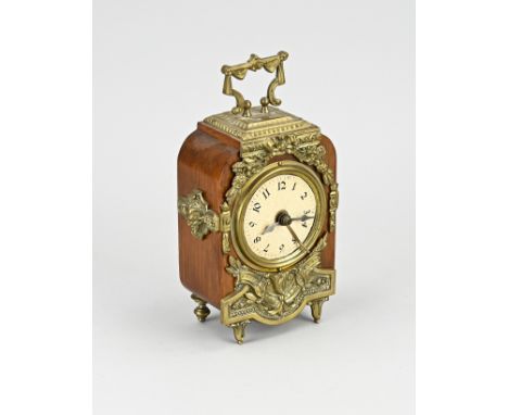 Antique French walnut/brass table clock with alarm clock. Circa 1900. Size: 16 cm. In very good condition.