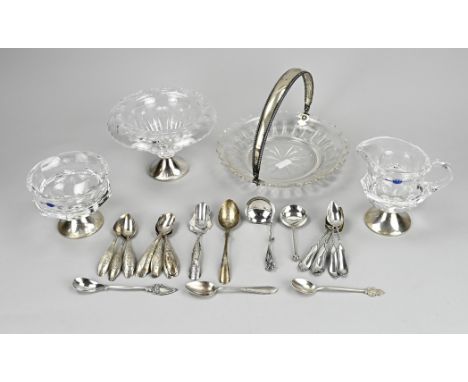 Crystal with silver, 4 parts, and silver cutlery, 833/000. Crystal dish with a silver bracket with pearl edge, a chocolate di