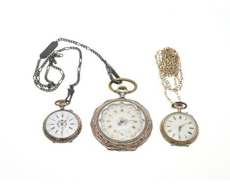 Lot with 3 silver pocket watches, 800/000. 2 Small watches and a richly decorated larger watch with rose rim and a white enam