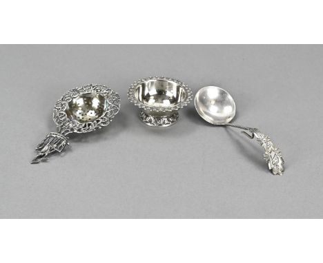 Three pieces of silverware, 833/000, with a tea strainer, with a sailing ship, on a drip tray, round model with a decorated e
