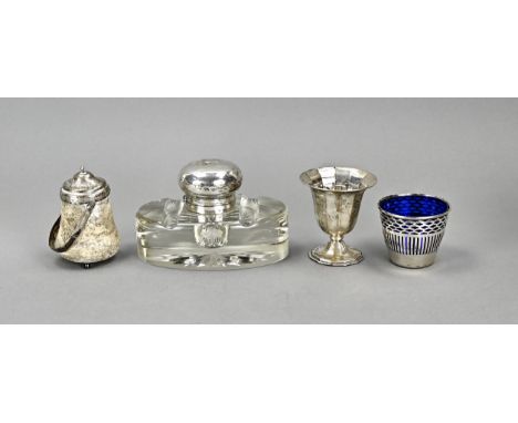 Lot with 4 parts silver, with an oval crystal inkwell with silver collar and convex cap, 835/000, hinge broken, a match holde