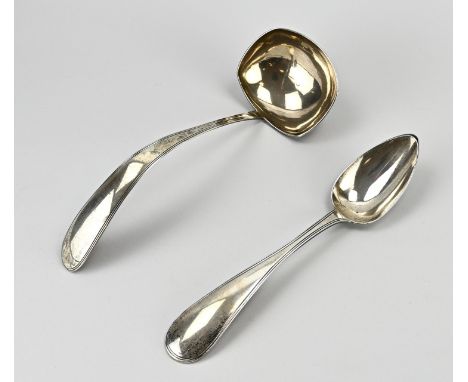 Large silver soup bowl and a serving spoon, 833/000. Model with a double fillet edge. MT.: soup sleeve: J. van Wijk, Amsterda