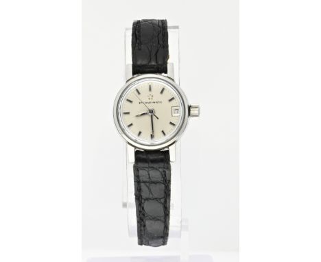Vintage Eterna matic ladies watch, steel with a round case, Ã¸ 21 mm, with a date display. The watch has a black leather stra