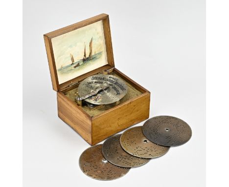 Antique German walnut Symphnion music box with shellac, extra playing plates + key. Circa 1900. In very good condition. Plays
