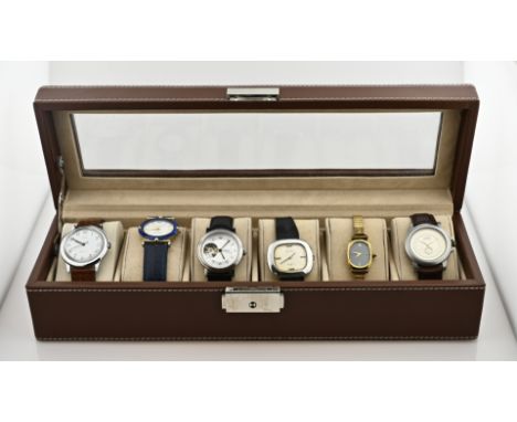 Six ladies' watches in a luxury storage box. Six watches, including a Timex, Esprit, Lasita, Christian Dior, Rexxor and Miche