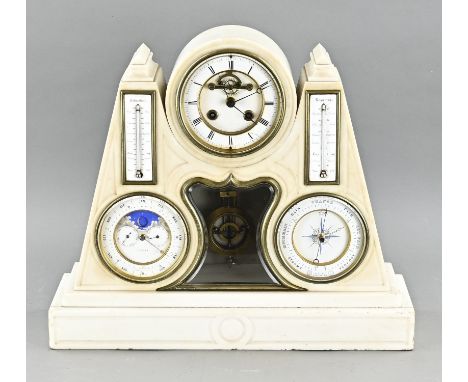 Rare French marble brocot mantel clock with central seconds + full calendar (day, date, month), with weather station, compens